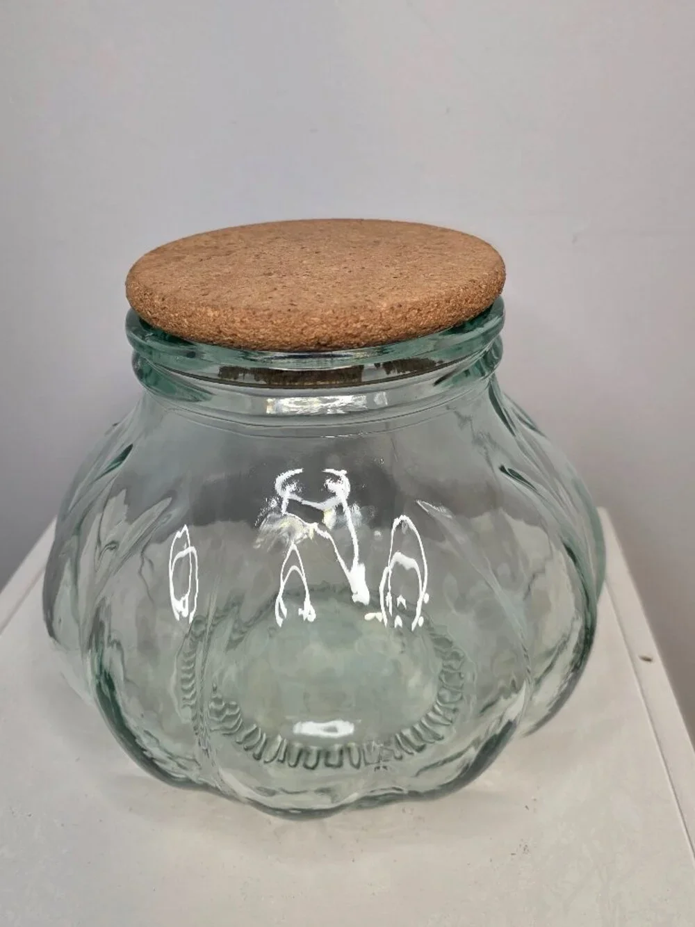 Green Glass Large Pumpkin Shaped Jar With Cork Lid Italy